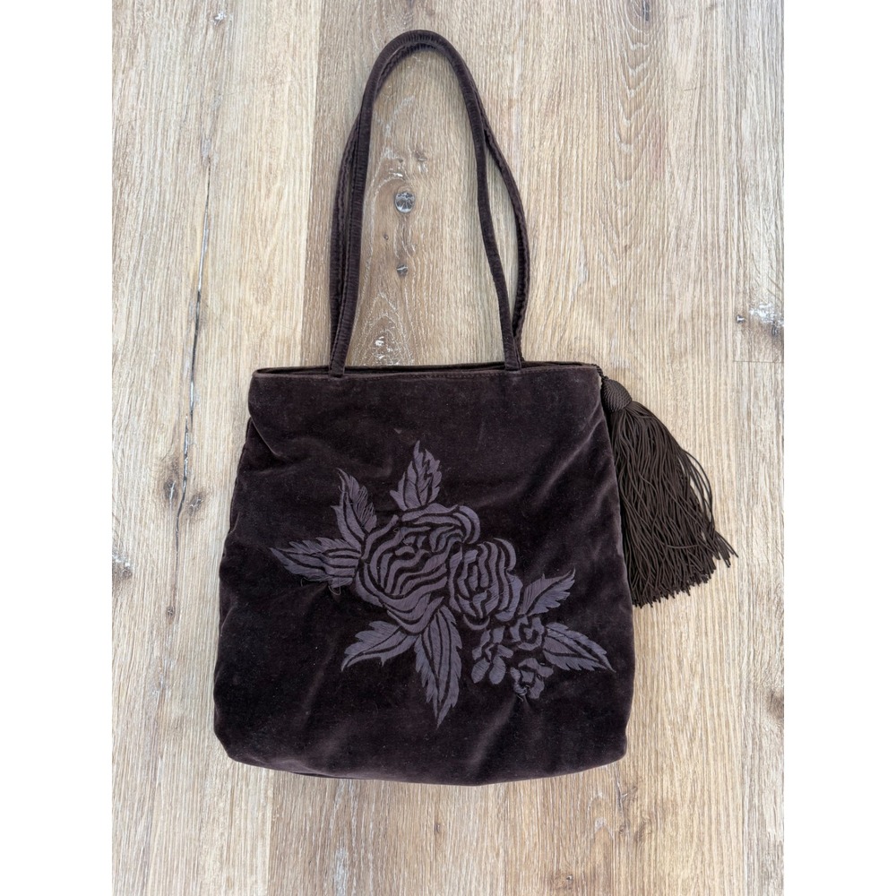 Paola Del Lungo Whimsygoth Velvet Floral Embroidered Tassel Tote Bag Brown Italy